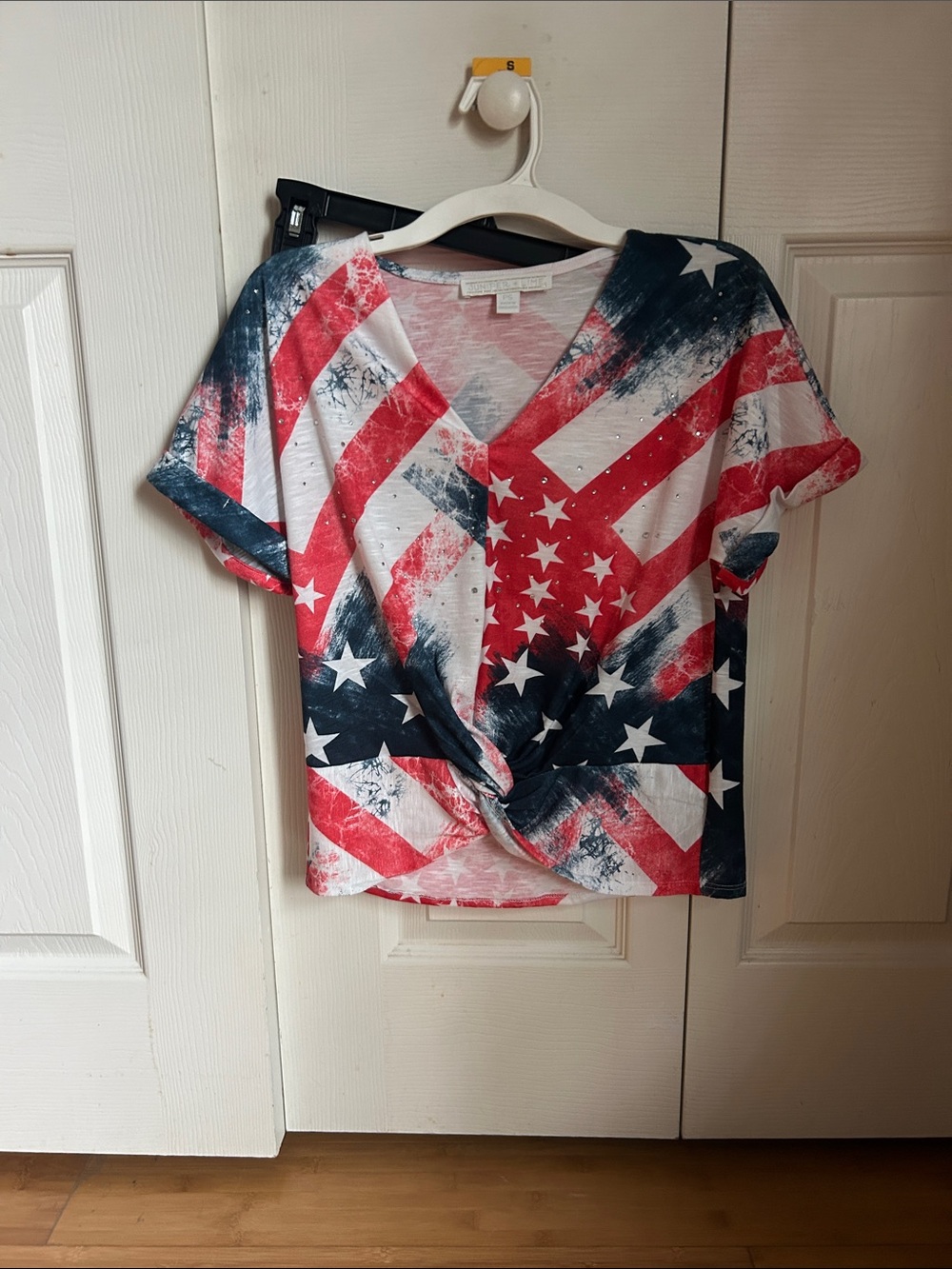 Twist-Front V-Neck Tee in Red, White & Blue Stars - Women